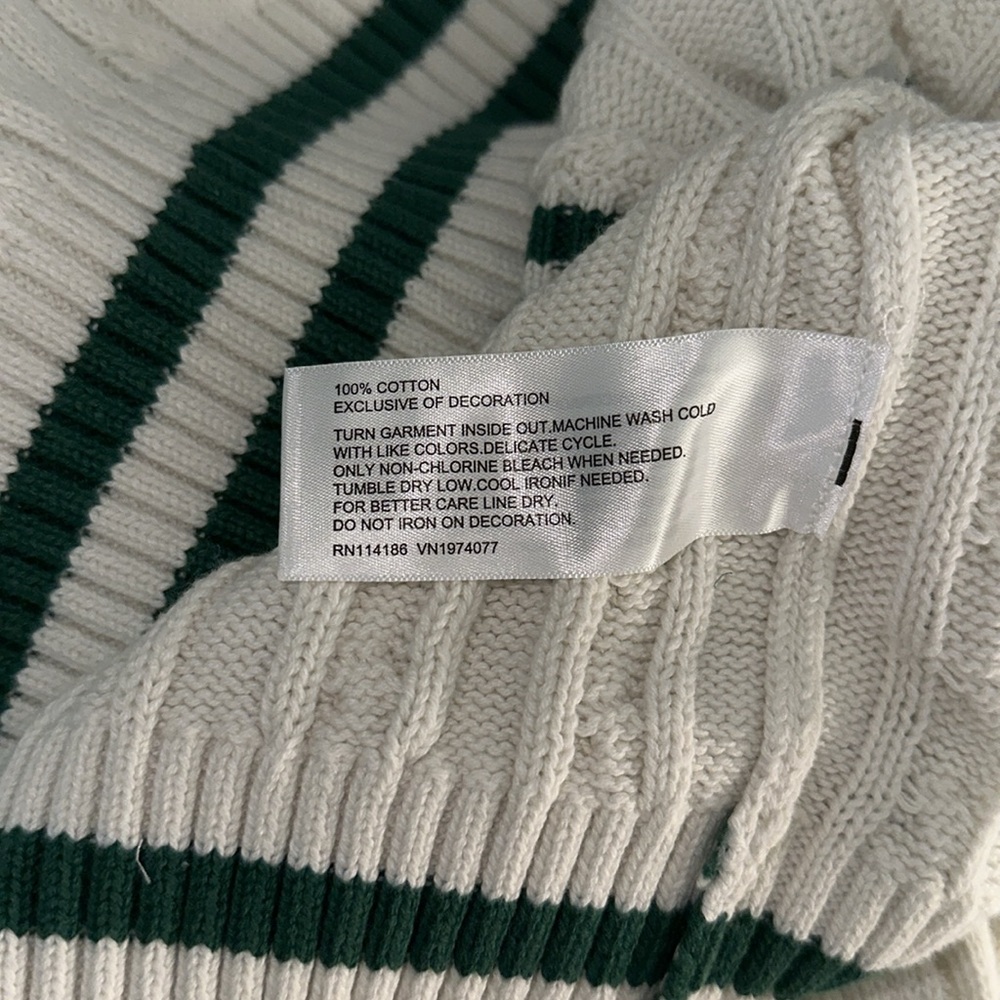 Prince Cream Cable Knit V-Neck Sweater with Green Trim - Picture 5 of 7
